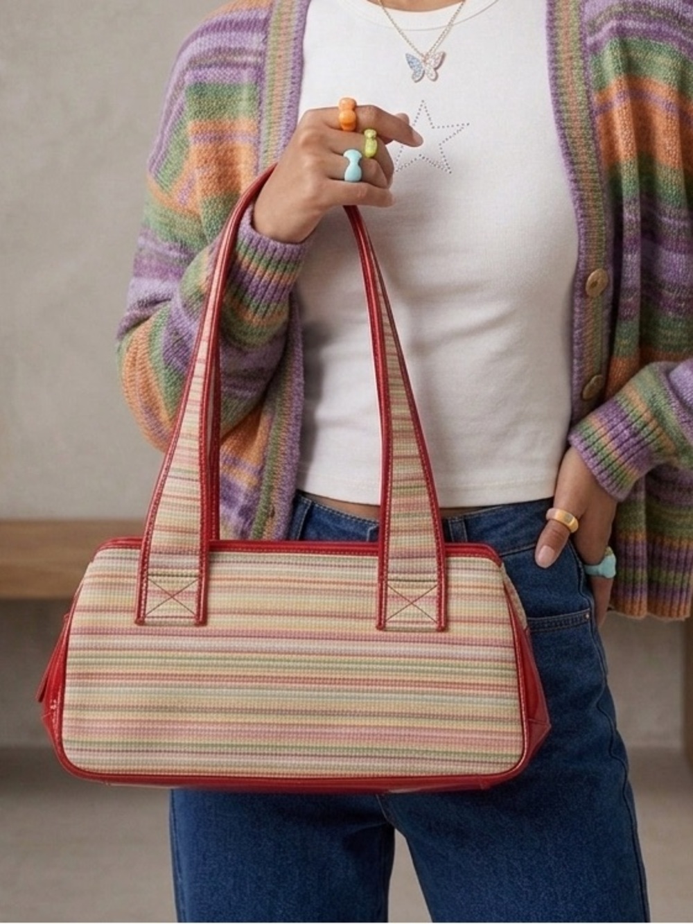 Y2K‎ Summer Red Multicolour Woven Stripe Shoulder Bag Purse